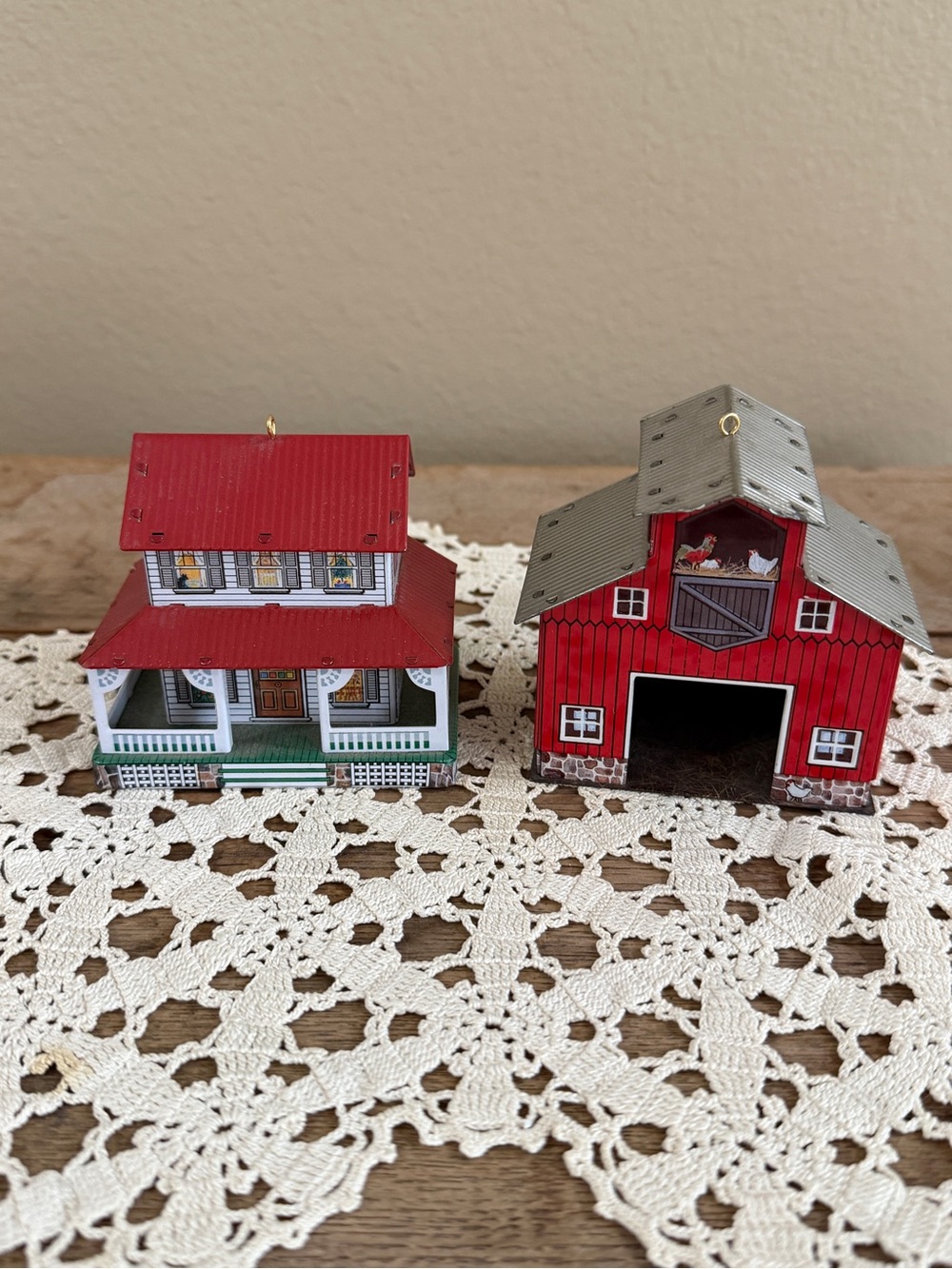 Vintage Hallmark Metal Red Farmhouse and Barn Ornaments